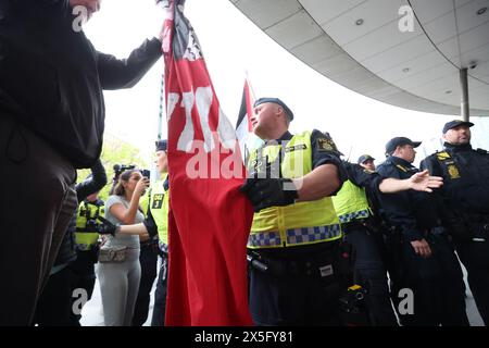Malmo, Sweden. 09th May, 2024. Police officers secure the area in front of Malmo Arena during a protest against Israel's participation in the 68th edition of the Eurovision Song Contest (ESC) in Malmo, Sweden, May 9, 2024. Photo: Sanjin Strukic/PIXSELL Credit: Pixsell/Alamy Live News Stock Photo