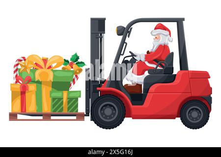Santa Claus driving a red forklift with gift boxes, candy canes on a pallet for delivery and shipping. Christmas campaign for cargo logistics and ship Stock Vector