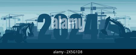 Panoramic background of a crawler excavator and a backhoe with the year 2024 at dawn in a city under construction. Celebrating the beginning of a happ Stock Vector