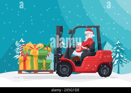 Santa Claus driving a red forklift with gift boxes, candy canes on a pallet for delivery and shipping. Christmas campaign for cargo logistics and ship Stock Vector
