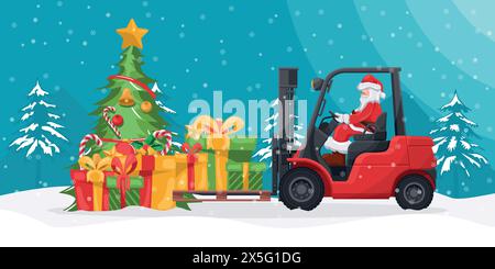 Santa Claus driving a forklift loading gifts on a snowy Christmas winter night. Christmas campaign for cargo logistics and shipping of high demand mer Stock Vector
