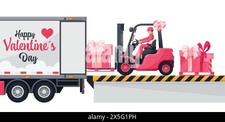Industrial worker driving a pink forklift loading gift boxes to a container truck celebrating Valentine's Day. Logistics campaign for loading and ship Stock Vector