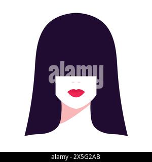 Abstract faceless woman portrait. Brunette female with long bangs covering her eyes. Red lips. Full face portrait. Vector illustration Stock Vector