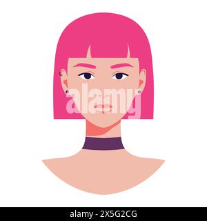 Portrait of a beautiful woman with pink hair and piercing. Full face isolated on white background. Avatar for social media. Vector illustration Stock Vector