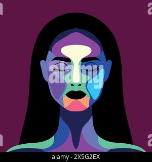 Beautiful woman face collage made of colorful shapes. Portrait of a woman beautiful young drawn in painted shapes. Vector illustration Stock Vector