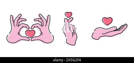 Heart on cupped hands line icons isolated on white background. Set of human hands holding a heart. Vector illustration Stock Vector