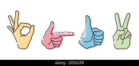 Hands with gestures OK, peace sign, thumb up and pointing index finger. Line icons set isolated on white background. Vector illustration Stock Vector