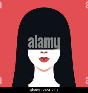 Abstract faceless woman portrait. Brunette female with long bangs covering her eyes. Red lips. Full face portrait on red background. Vector illustrati Stock Vector