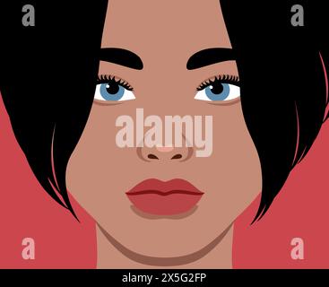 Close up portrait of a beautiful African woman with bob haircut. Full face female portrait. Red lips. Vector illustration Stock Vector