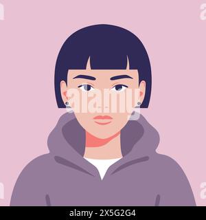 Young woman wearing hoodie.  Portrait or avatar of a young female with short dark hair in hoodie. Teenager or student. Vector illustration Stock Vector
