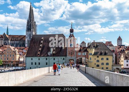 View of Regensburg,Germany From the Historic Stone Bridge on a Sunny Afternoon Stock Photo