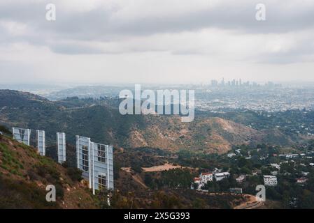 Hollywood Hills View with Iconic Sign, Los Angeles Skyline Stock Photo