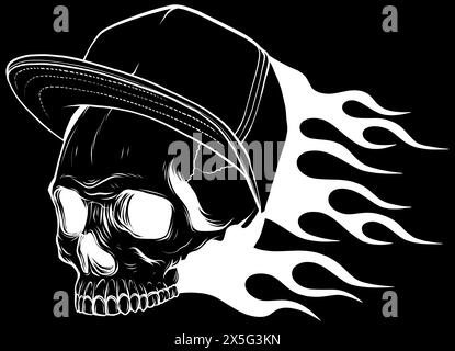 white silhouette of skull with hat and flames on black background vector illustration Stock Vector