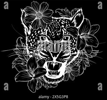 white silhouette of Leopard Head With Flower Wreath on black background Stock Vector