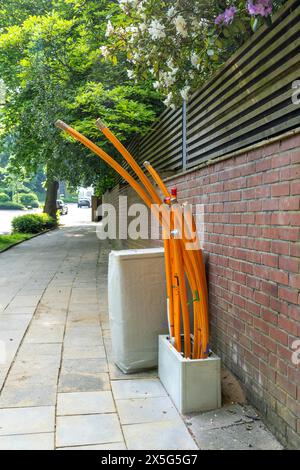 Distribution box in which empty conduits for fiber optic cables arrive and are connected, in which the actual fiber optic cable is later blown in and Stock Photo