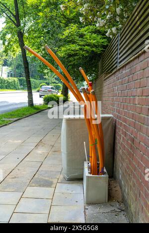 Distribution box in which empty conduits for fiber optic cables arrive and are connected, in which the actual fiber optic cable is later blown in and Stock Photo