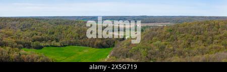 Aerial panoramic photograph of the Baraboo Hills near Natural Bridge State Park near Leland, Sauk County, Wisconsin, USA. Stock Photo