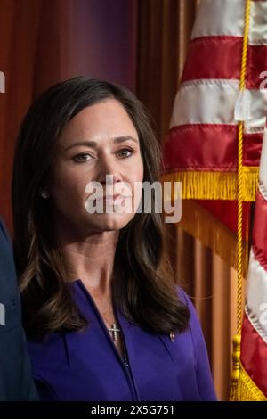 Washington, Vereinigte Staaten. 09th May, 2024. United States Senator Katie Britt (Republican of Alabama) attends a press conference on a resolution condemning restricting weapons for Israel by the Biden Administration, at the US Capitol in Washington, DC, Thursday, May 9, 2024. Credit: Rod Lamkey/CNP/dpa/Alamy Live News Stock Photo