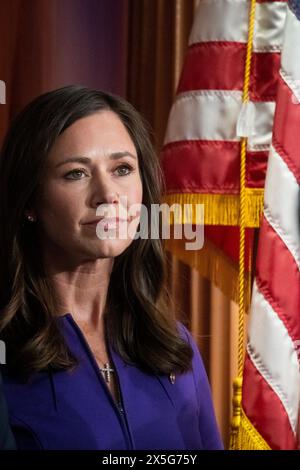 Washington, Vereinigte Staaten. 09th May, 2024. United States Senator Katie Britt (Republican of Alabama) attends a press conference on a resolution condemning restricting weapons for Israel by the Biden Administration, at the US Capitol in Washington, DC, Thursday, May 9, 2024. Credit: Rod Lamkey/CNP/dpa/Alamy Live News Stock Photo