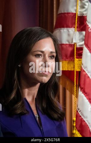 Washington, Vereinigte Staaten. 09th May, 2024. United States Senator Katie Britt (Republican of Alabama) attends a press conference on a resolution condemning restricting weapons for Israel by the Biden Administration, at the US Capitol in Washington, DC, Thursday, May 9, 2024. Credit: Rod Lamkey/CNP/dpa/Alamy Live News Stock Photo