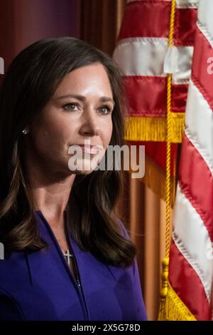 Washington, Vereinigte Staaten. 09th May, 2024. United States Senator Katie Britt (Republican of Alabama) attends a press conference on a resolution condemning restricting weapons for Israel by the Biden Administration, at the US Capitol in Washington, DC, Thursday, May 9, 2024. Credit: Rod Lamkey/CNP/dpa/Alamy Live News Stock Photo