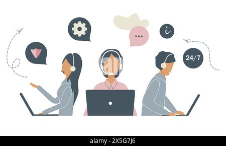 Customer service workers with headsets and laptops service or consult customers on computers.Hotline operators work 24/7, global online technical supp Stock Vector