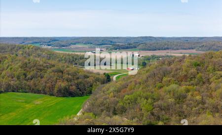 Aerial photograph of the Baraboo Hills near Natural Bridge State Park near Leland, Sauk County, Wisconsin, USA. Stock Photo