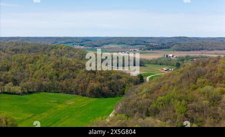 Aerial photograph of the Baraboo Hills near Natural Bridge State Park near Leland, Sauk County, Wisconsin, USA. Stock Photo