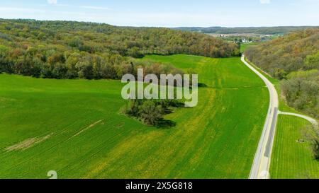 Aerial photograph of the Baraboo Hills near Natural Bridge State Park near Leland, Sauk County, Wisconsin, USA. Stock Photo