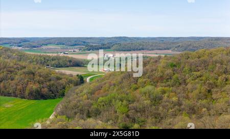 Aerial photograph of the Baraboo Hills near Natural Bridge State Park near Leland, Sauk County, Wisconsin, USA. Stock Photo