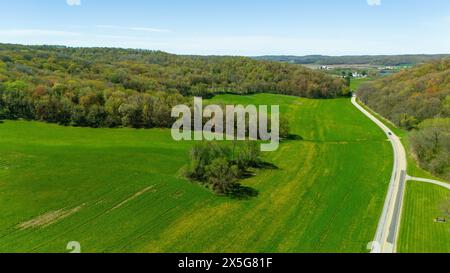 Aerial photograph of the Baraboo Hills near Natural Bridge State Park near Leland, Sauk County, Wisconsin, USA. Stock Photo