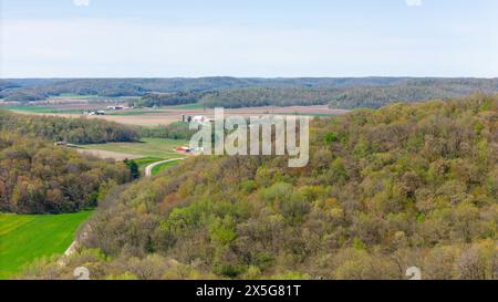 Aerial photograph of the Baraboo Hills near Natural Bridge State Park near Leland, Sauk County, Wisconsin, USA. Stock Photo