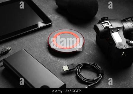 Set of different gadgets on dark background, closeup Stock Photo