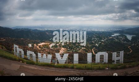 Panoramic View of Iconic Hollywood Sign on Mount Lee, Hollywood Hills, Los Angeles Stock Photo