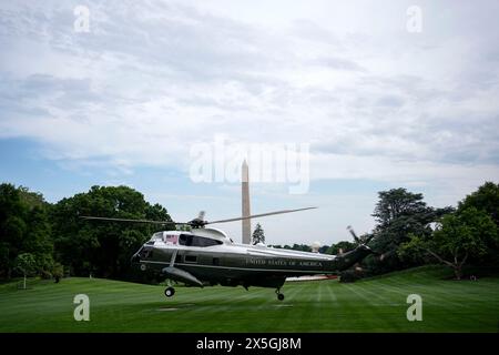 Washington, United States. 09th May, 2024. Marine One departs the South Lawn en route to San Francisco at the White House in Washington, DC on Thursday, May 9, 2024. Photo by Bonnie Cash/Pool/ABACAPRESS.COM Credit: Abaca Press/Alamy Live News Stock Photo