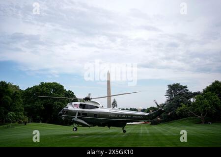 Washington, United States. 09th May, 2024. Marine One departs the South Lawn en route to San Francisco at the White House in Washington, DC on Thursday, May 9, 2024. Photo by Bonnie Cash/UPI Credit: UPI/Alamy Live News Stock Photo