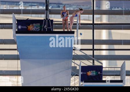 Saint Denis, France. 09th May, 2024. Jade GILLET and Emily HALLIFAX (FRA) took the 3rd rank at women's synchronized 10 meters platform event during the International Diving Open 2024 on May 9, 2024 at Centre Aquatique Olympique in Saint-Denis near Paris, France - Photo Stephane Allaman/DPPI Credit: DPPI Media/Alamy Live News Stock Photo