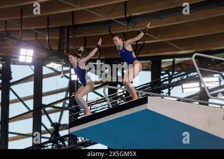 Saint Denis, France. 09th May, 2024. Andrea SPENDOLINI-SIREIX and Lois TOULSON (GBR) took the 1st rank at women's synchronized 10 meters platform event during the International Diving Open 2024 on May 9, 2024 at Centre Aquatique Olympique in Saint-Denis near Paris, France - Photo Stephane Allaman/DPPI Credit: DPPI Media/Alamy Live News Stock Photo