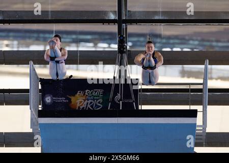 Saint Denis, France. 09th May, 2024. Andrea SPENDOLINI-SIREIX and Lois TOULSON (GBR) took the 1st rank at women's synchronized 10 meters platform event during the International Diving Open 2024 on May 9, 2024 at Centre Aquatique Olympique in Saint-Denis near Paris, France - Photo Stephane Allaman/DPPI Credit: DPPI Media/Alamy Live News Stock Photo