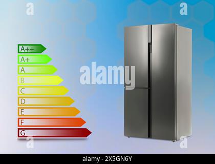 Energy efficiency rating label and refrigerator on gradient color background Stock Photo