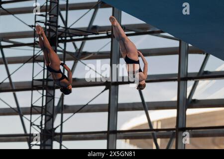 Saint Denis, France. 09th May, 2024. Nike AGUNBIADE and Katrina YOUNG (USA) took the 2nd rank at women's synchronized 10 meters platform event during the International Diving Open 2024 on May 9, 2024 at Centre Aquatique Olympique in Saint-Denis near Paris, France - Photo Stephane Allaman/DPPI Credit: DPPI Media/Alamy Live News Stock Photo