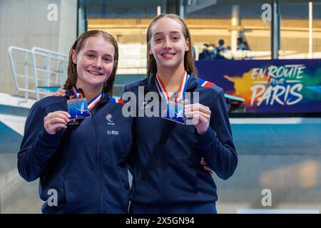 Saint Denis, France. 09th May, 2024. Jade GILLET and Emily HALLIFAX (FRA) took the 3rd rank at women's synchronized 10 meters platform event during the International Diving Open 2024 on May 9, 2024 at Centre Aquatique Olympique in Saint-Denis near Paris, France - Photo Stephane Allaman/DPPI Credit: DPPI Media/Alamy Live News Stock Photo