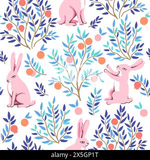 Funny seamless pattern with pink rabbits in orange and pomegranate garden. Cute vector illustration in modern style in delicate pastel colors. Stock Vector