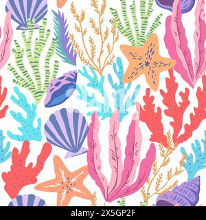 Seamless pattern with colorful sea elements, corals, seaweeds, shells and sea stars. Vector illustration. Stock Vector