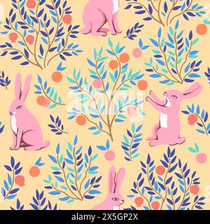 Funny seamless pattern with pink rabbits in orange and pomegranate garden. Cute vector illustration in modern style in delicate pastel colors. Stock Vector