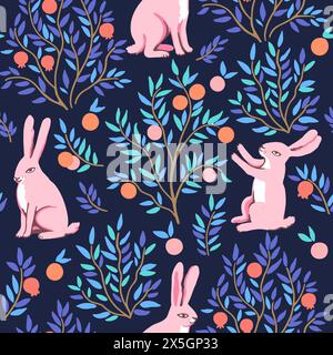 Funny seamless pattern with pink rabbits in orange and pomegranate garden. Cute vector illustration in modern style in delicate pastel colors. Stock Vector