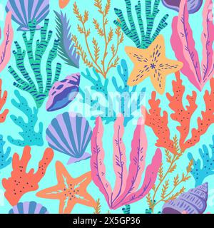 Seamless pattern with colorful sea elements, corals, seaweeds, shells and sea stars. Vector illustration. Stock Vector