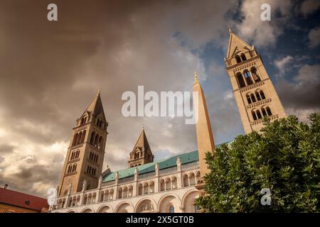 Picture of Pecsi Dom, the main church and cathedral of Pecs, Hungary, taken during a sunny summer afternoon. The Sts. Peter and Paul's Cathedral Basil Stock Photo