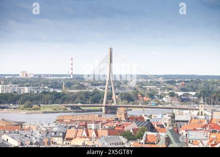 Picture of the vansu bridge. The Vanšu Bridge in Riga is a cable-stayed bridge that crosses the Daugava river in Riga, the capital of Latvia. The word Stock Photo