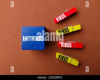 Top view wooden clisp and colored block with text ANTIVIRUS on a brown background. Stock Photo